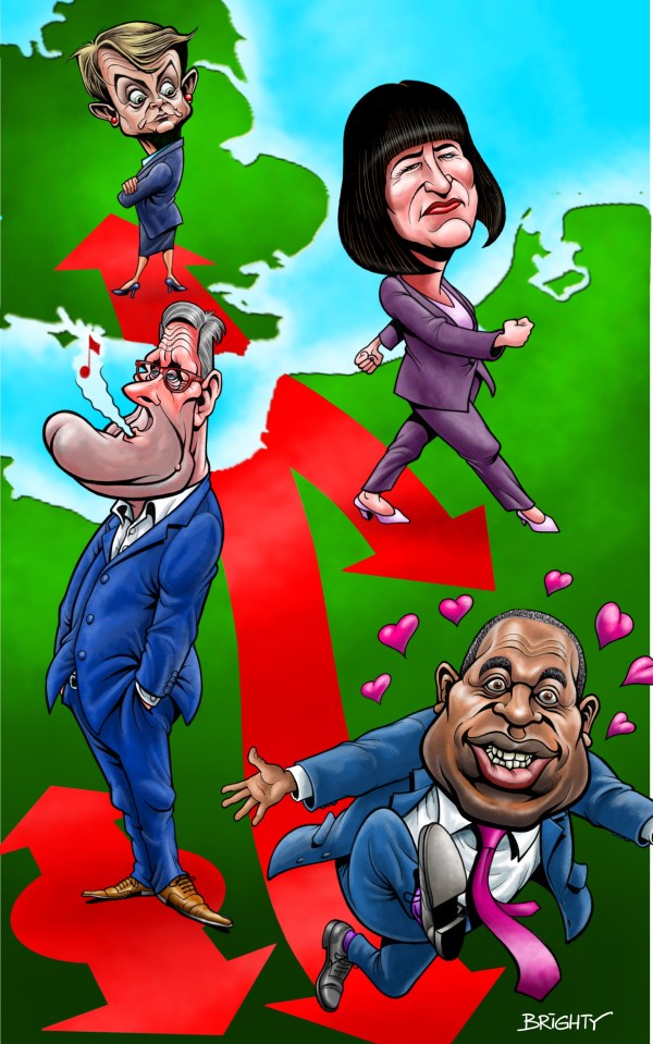 Illustration of four caricatured politicians on a map with red arrows.