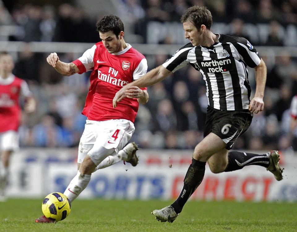 Photo of Cesc Fabregas and Mike Williamson vying for the ball during a soccer match.