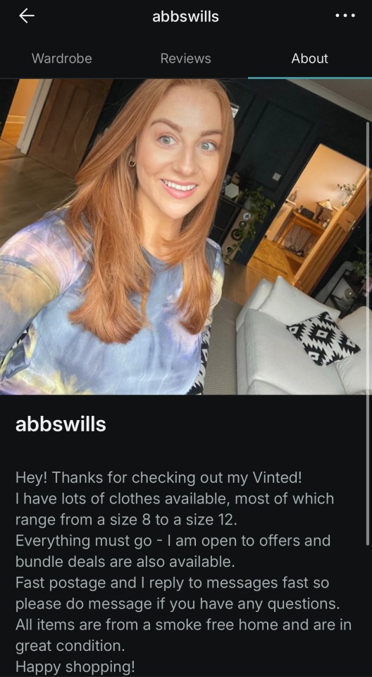 Screenshot of Vinted profile showing woman selling clothes.