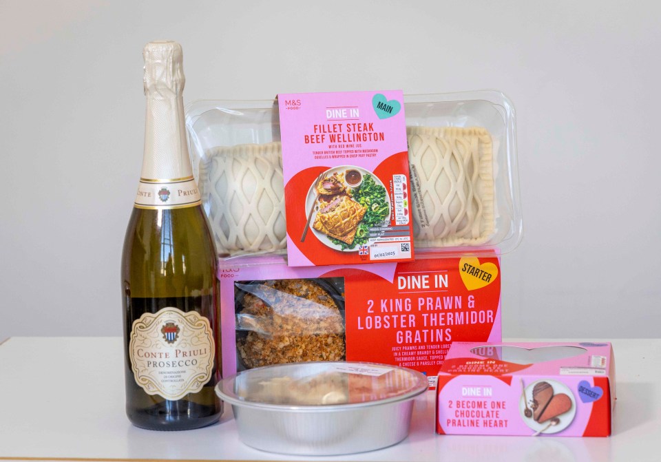 M&S Valentine's Day meal kit with beef Wellington, prawn and lobster gratin, and chocolate praline heart, plus a bottle of prosecco.