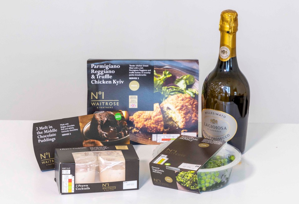 Waitrose Valentine's dinner meal deal: chicken Kyiv, chocolate puddings, prawn cocktails, green vegetable medley, and prosecco.