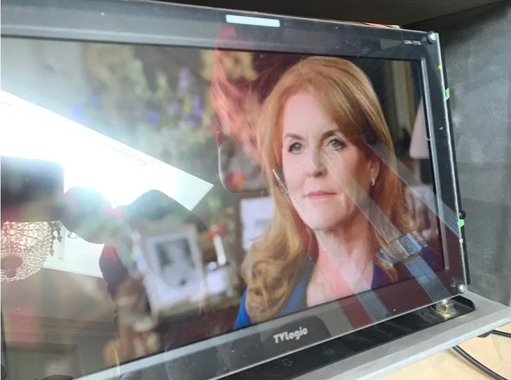 Screen showing Sarah Ferguson in an interview.