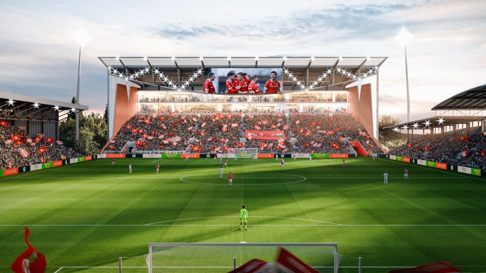 Illustration of proposed Kop Stand development at the Racecourse Ground, home of Wrexham AFC.