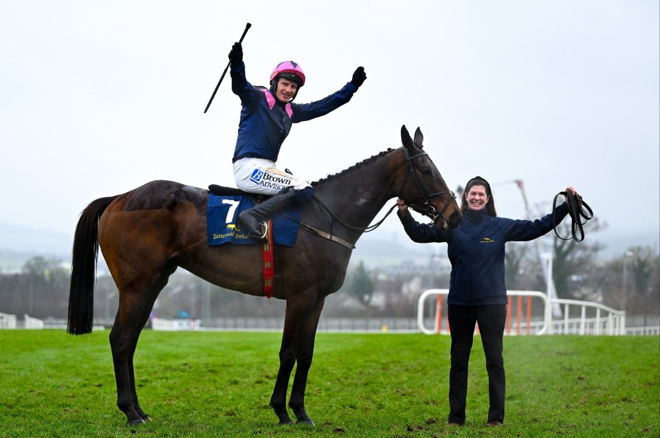 Paul Townend celebrating on Kopek Des Bordes after a race win.