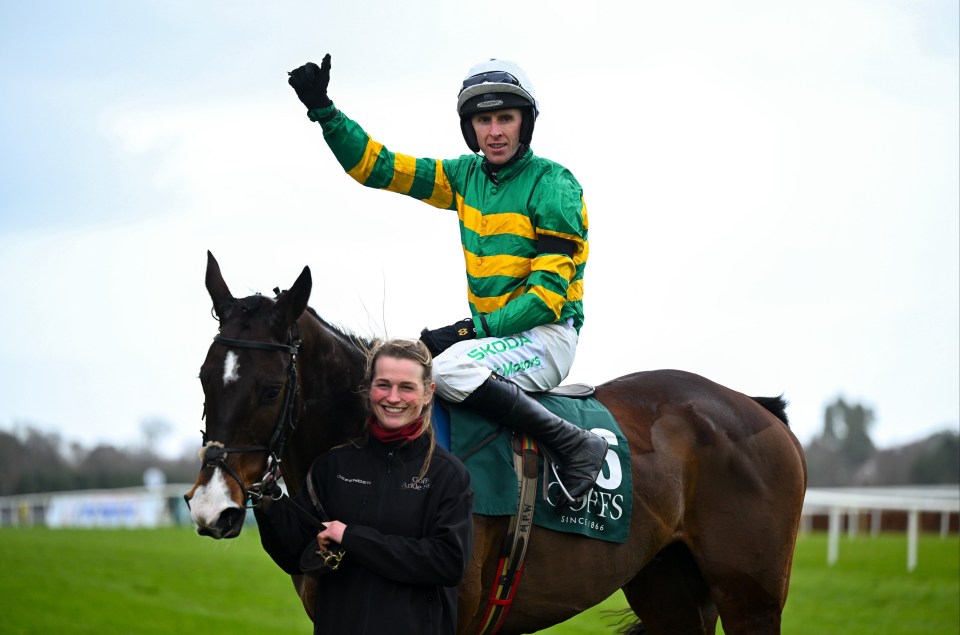 Mark Walsh celebrates winning the Goffs Irish Arkle Novice Steeplechase on Majborough at Leopardstown Racecourse.