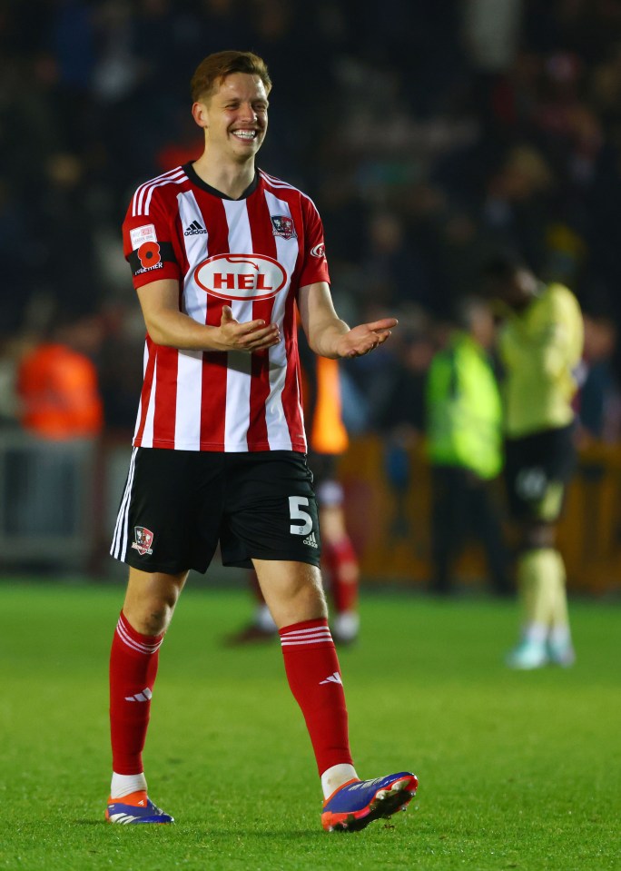 Jack Fitzwater of Exeter City celebrating after a football match.