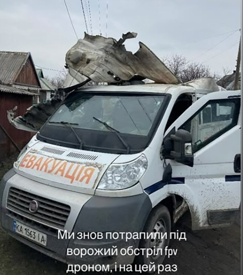 A drone strike damaged a humanitarian aid van in Ukraine.