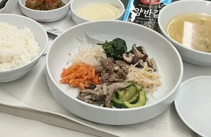 Airline meal with bibimbap, rice, soup, and side dishes.