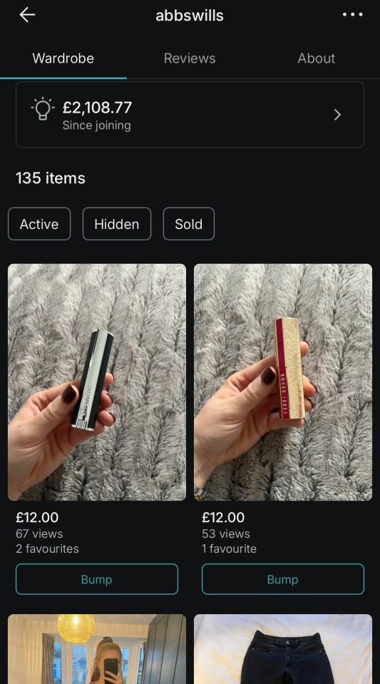 Vinted app showing £2,108.77 earned from selling 135 items.