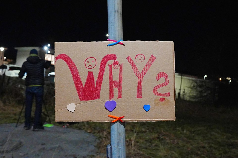 Cardboard sign reading "Why?" with sad faces and hearts.