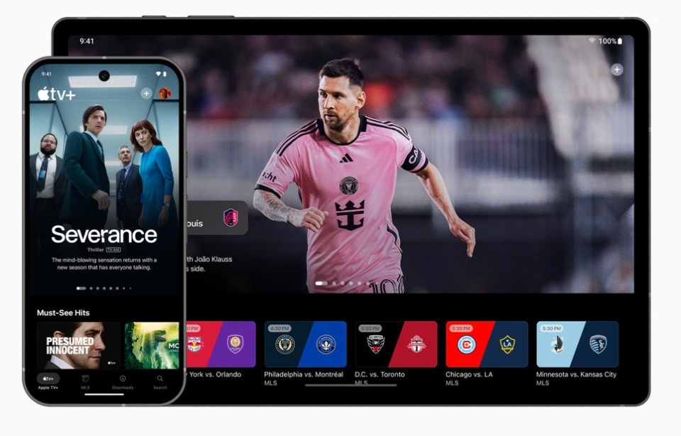 Apple TV app interface shown on a phone and tablet, displaying TV shows and MLS soccer matches.