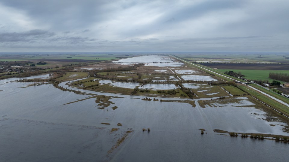 Aerial view of flooded fields.