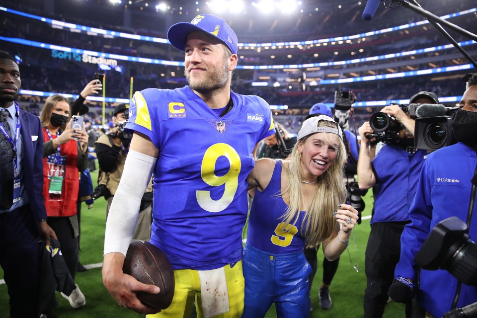 Matthew Stafford and his wife celebrating a Los Angeles Rams victory.