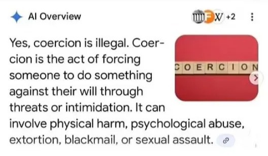 Image of letter tiles spelling "coercion" with text defining coercion as illegal.