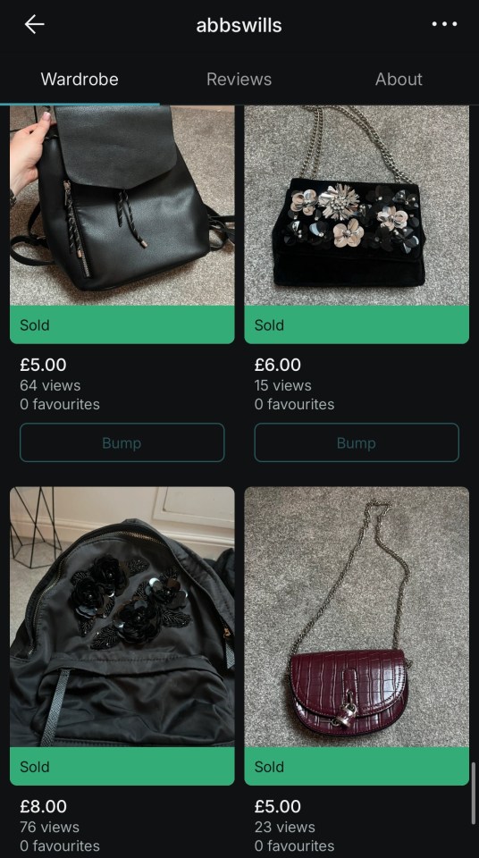 Screenshots of Vinted app showing four sold bags.