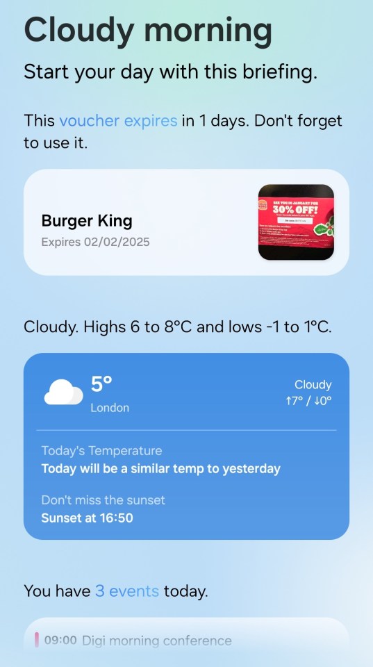 Screenshot of a phone screen showing a daily briefing with weather, a Burger King voucher, and a calendar event.