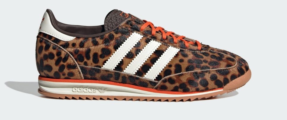 Brown and orange Adidas SL72 sneakers with a leopard print.