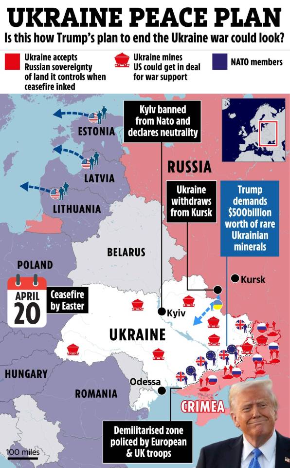 Illustration of a proposed peace plan for the Ukraine war, showing troop movements and territorial concessions.