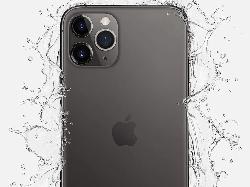 Space grey iPhone 11 Pro surrounded by water.