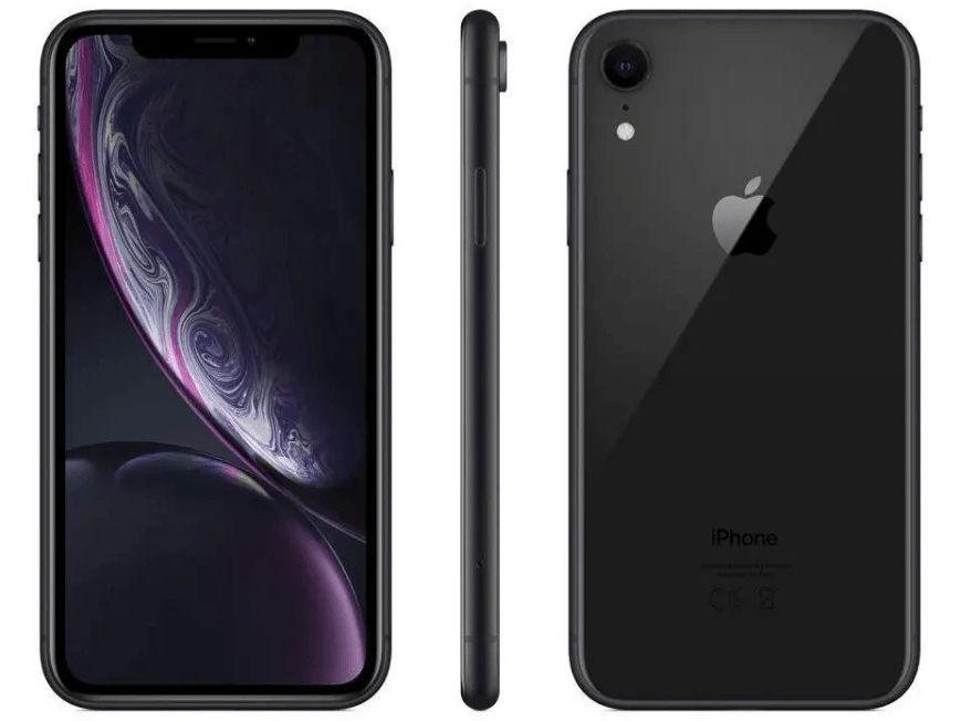 Black iPhone XR shown from the front, side, and back.