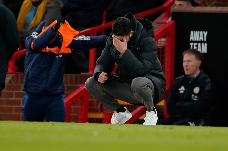 Manchester United's head coach Ruben Amorim reacts after Leicester's Bobby Decordova-Reid scored the opening goal during the English FA Cup fourth round soccer match between Manchester United and Leicester City at the Old Trafford stadium in Manchester, England, Friday, Feb. 7, 2025. (AP Photo/Dave Thompson)