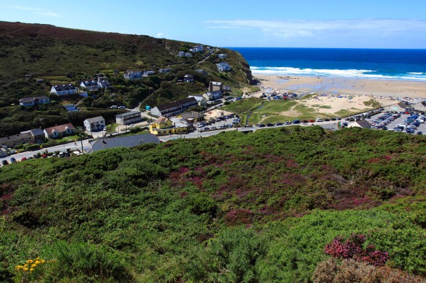 Aerial view of Porthtowan beach and village in Cornwall, England.