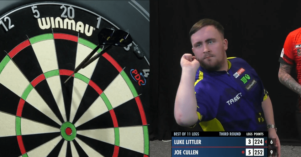 Darts player throwing darts at a dartboard; scoreboard shows Luke Littler vs Joe Cullen.