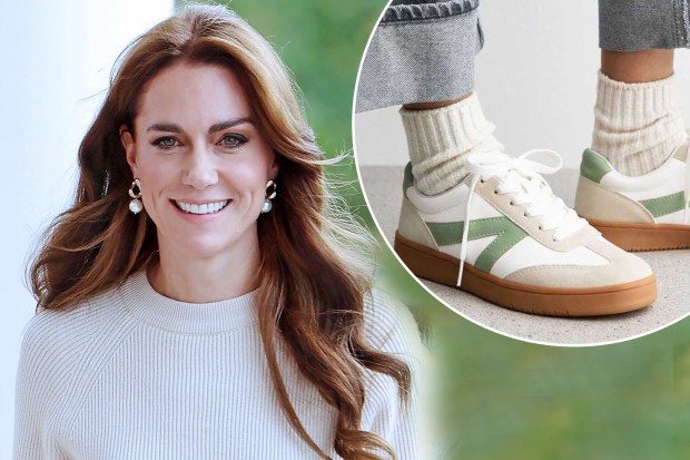 Kate Middleton wearing a cream sweater and pale green sneakers.