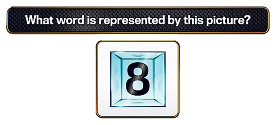 Illustration of a number eight in a cube; what word is represented by this picture?