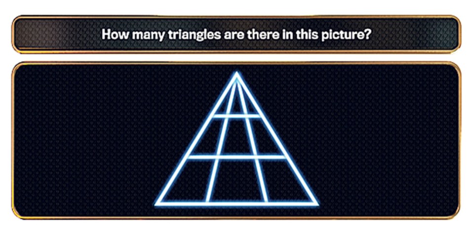 How many triangles are in this image?  A large triangle is divided into smaller triangles.