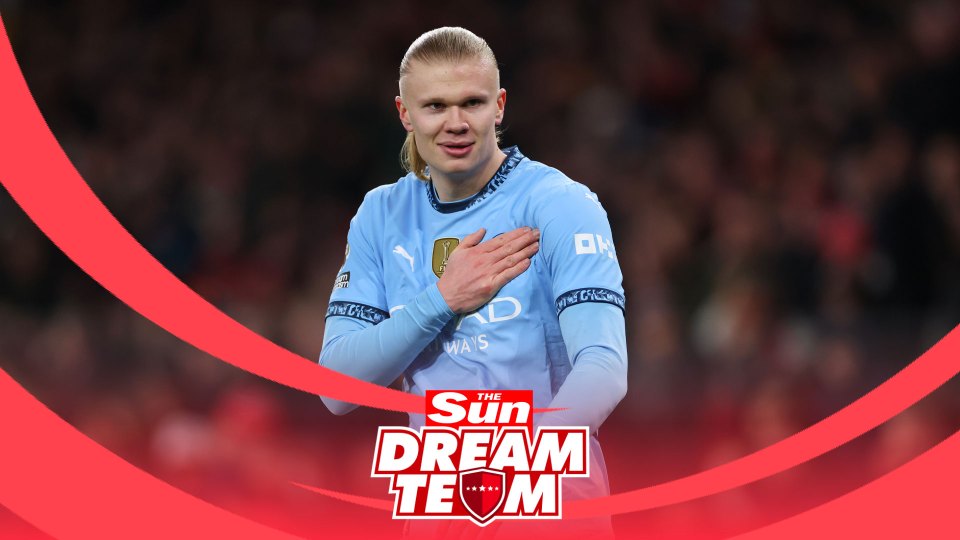 Erling Haaland in a Manchester City jersey, hand over heart, featured in The Sun Dream Team.