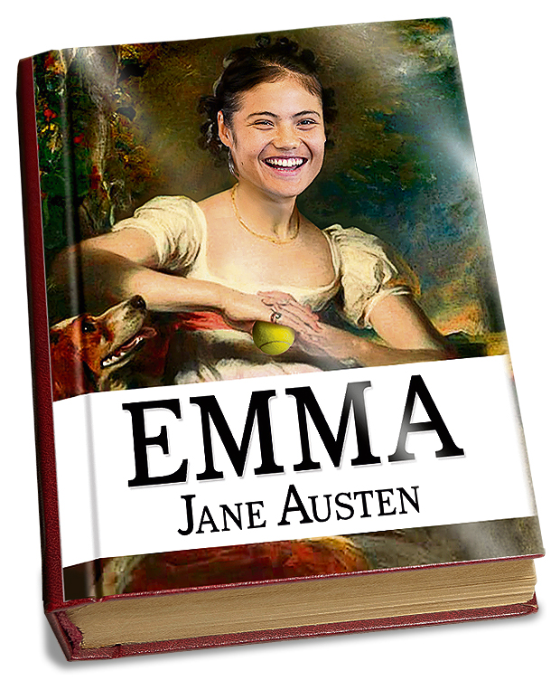 Book cover of Emma by Jane Austen, featuring a woman's face superimposed onto a painting.