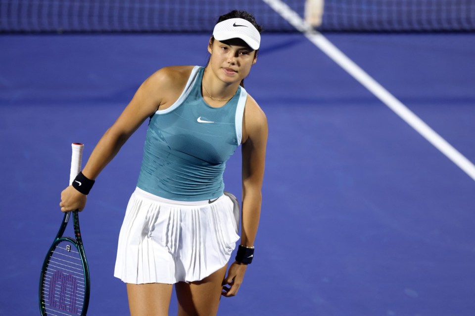 DUBAI, UNITED ARAB EMIRATES - FEBRUARY 18: Emma Raducanu of Great Britain looks on while playing against Karolina Muchova of the Czech Republic in their second round match during day three of the Dubai Duty Free Tennis Championships, part of the Hologic WTA Tour at Dubai Duty Free Tennis Stadium on February 18, 2025 in Dubai, United Arab Emirates. (Photo by Christopher Pike/Getty Images)