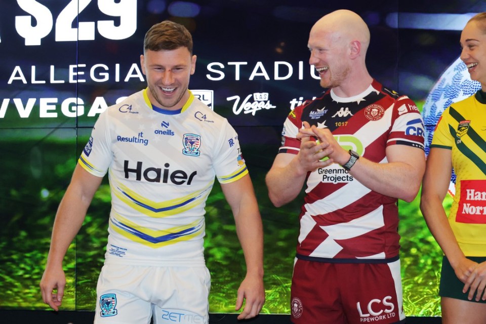 LAS VEGAS, NEVADA - FEBRUARY 26: George Williams of the Warrington Wolves and Liam Farrell of the Wigan Warriors attends the NRL Las Vegas media launch at the Rugby League Fan Hub at Resorts World Las Vegas on February 26, 2025 in Las Vegas, Nevada. (Photo by Ethan Miller/Getty Images)