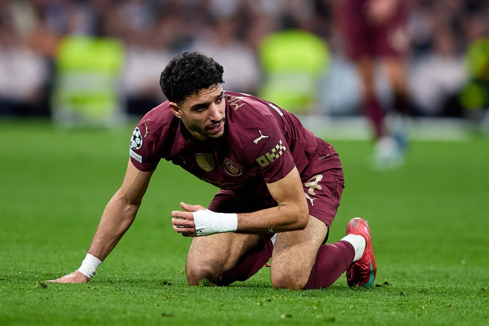 MADRID, SPAIN - FEBRUARY 19: Omar Marmoush of Manchester City looks on during the UEFA Champions League 2024/25 League Knockout Play-off second leg match between Real Madrid C.F. and Manchester City at Santiago Bernabeu on February 19, 2025 in Madrid, Spain. (Photo by Alvaro Medranda/Quality Sport Images/Getty Images)