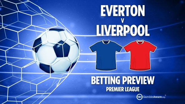 Illustration of a soccer ball in a net, Everton vs. Liverpool jerseys, and text that says &quot;Betting Preview Premier League&quot;.