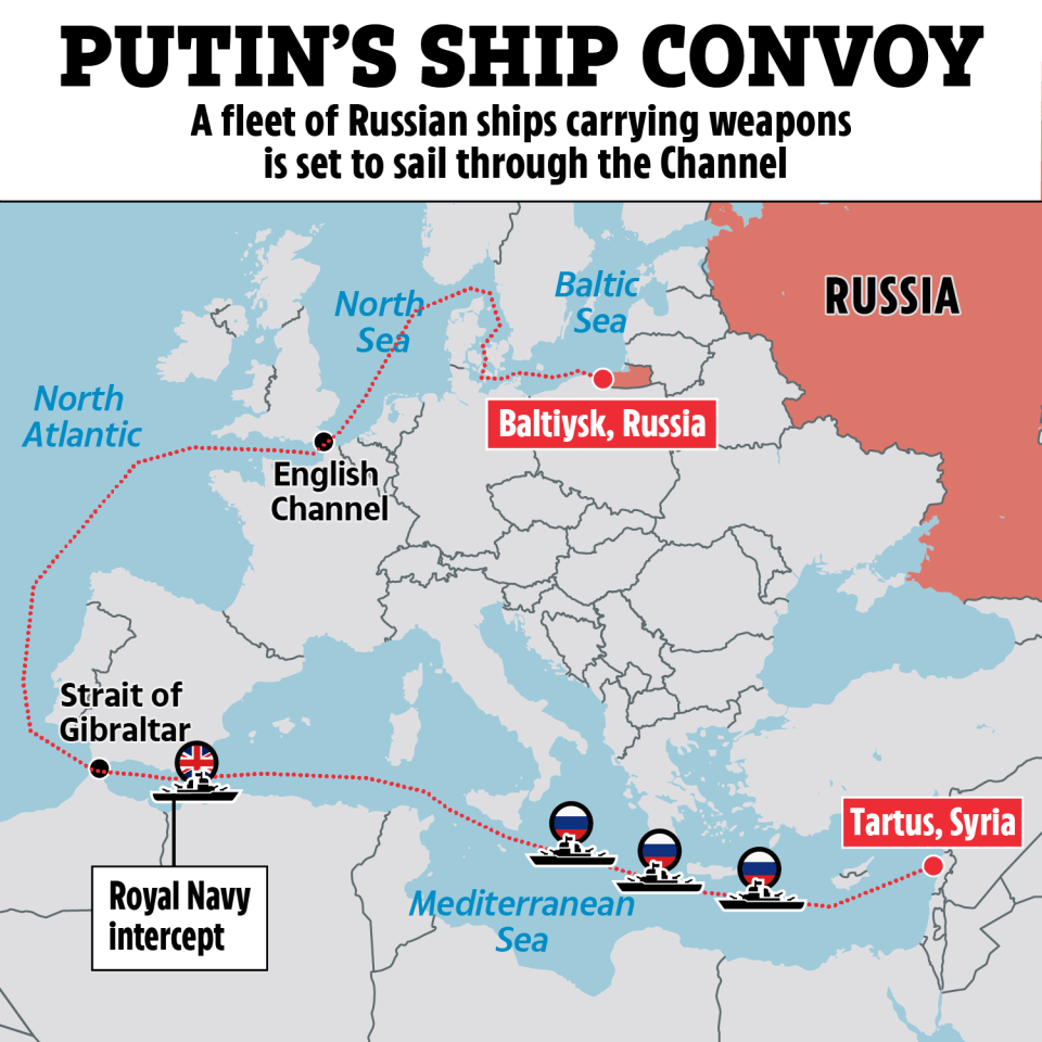 Illustration of Putin's ship convoy route from Baltiysk, Russia to Tartus, Syria, showing Royal Navy intercept.