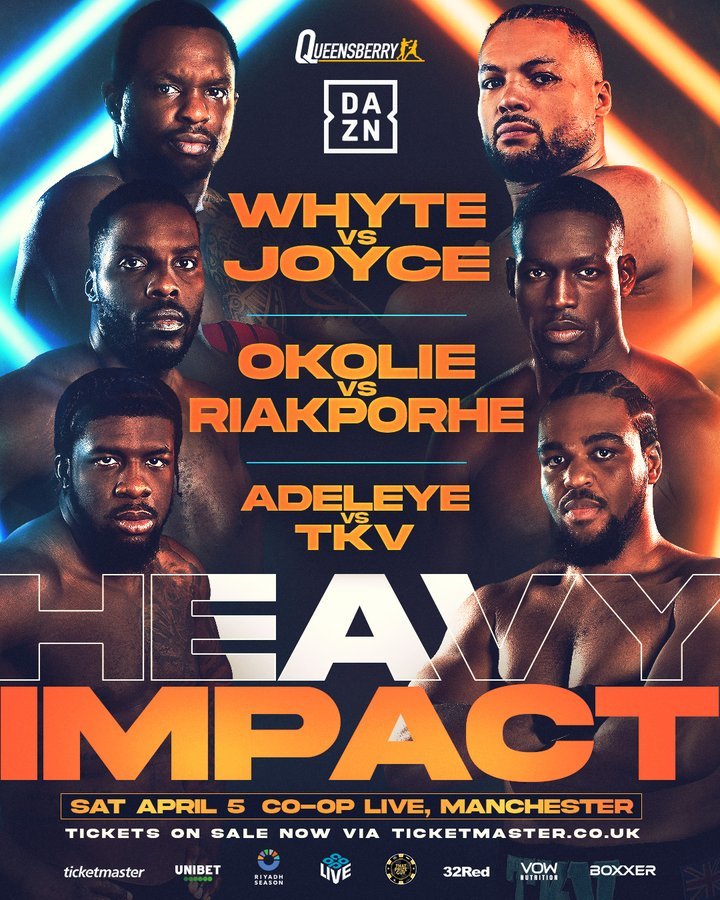 Heavy Impact boxing poster: Whyte vs Joyce, Okolie vs Riakporhe, Adeley vs TKV.  Manchester.