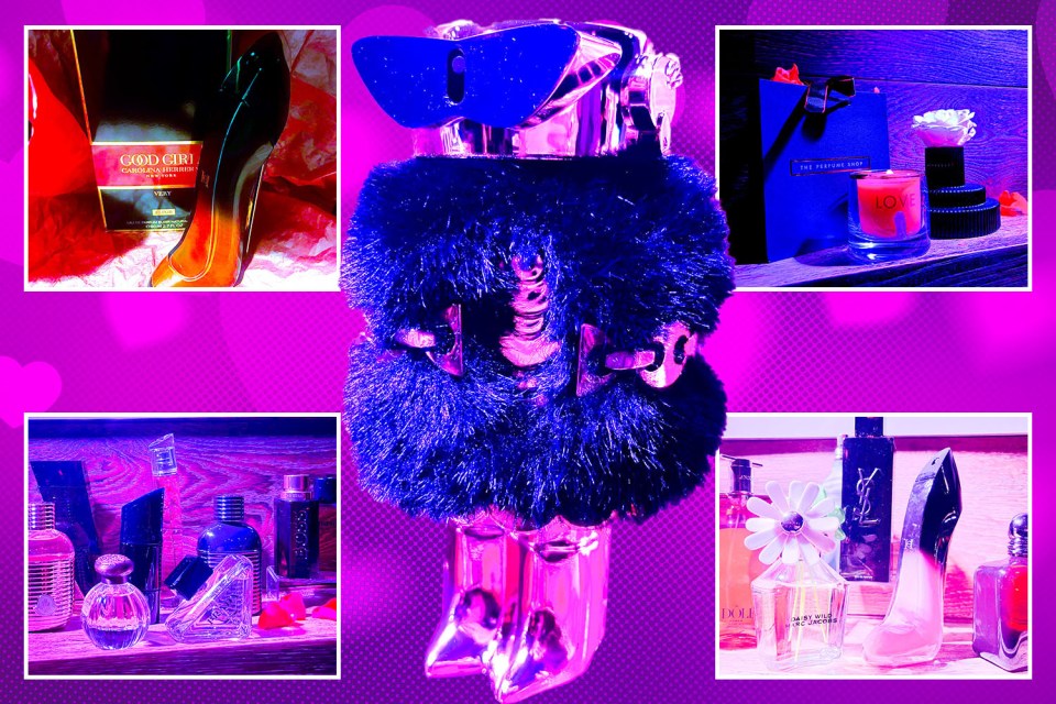 Collage of perfume bottles and gift items.