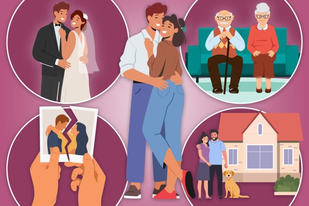 Illustration of couples at different life stages: wedding, embracing, elderly couple, broken photo, and a family with a house and dog.