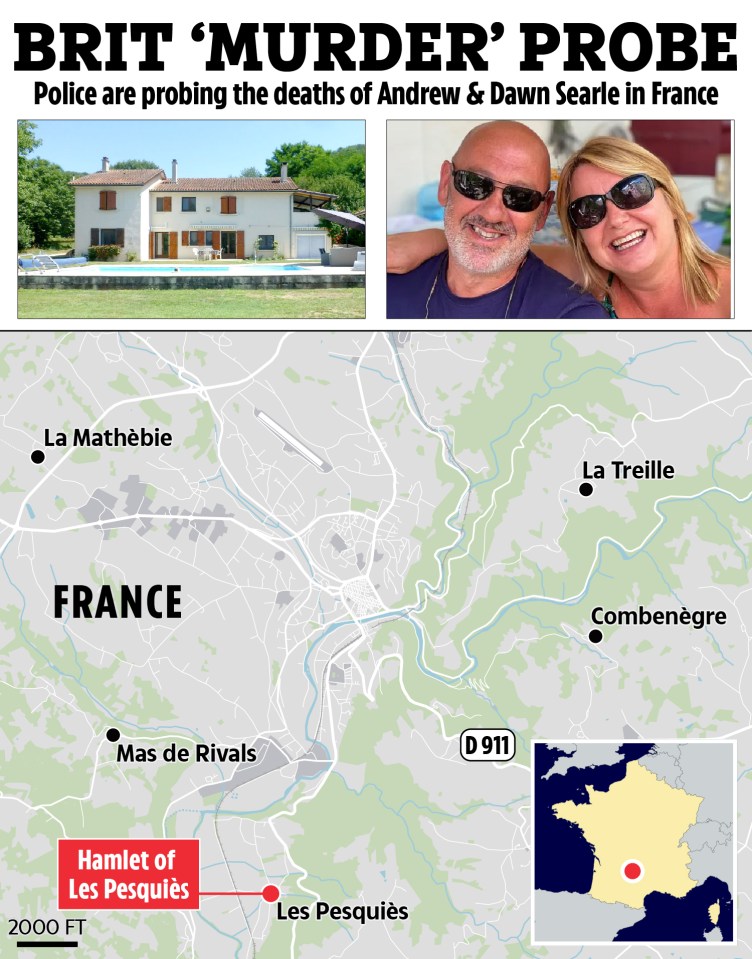 Map showing the location of Andrew and Dawn Searle's home in France, where police are investigating their deaths.