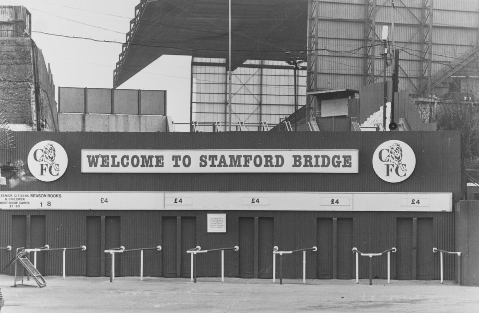 Exterior view of Stamford Bridge stadium entrance.