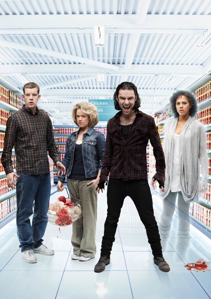 Promotional image of four actors in a supermarket for the show *Being Human*.