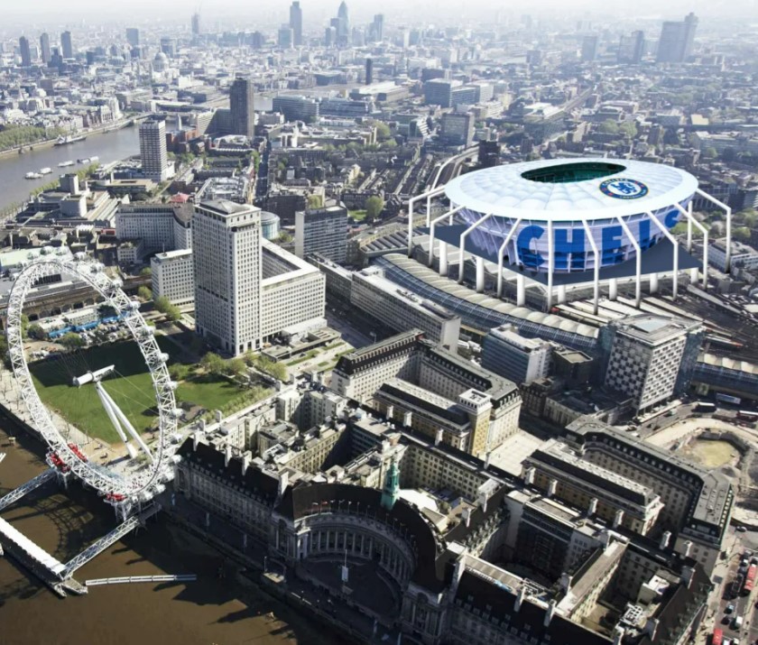 Aerial view of London, including the London Eye and a proposed Chelsea stadium.