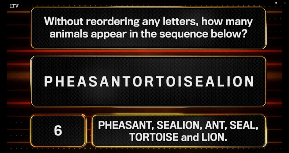 Quiz screenshot showing the answer to how many animals are in the word PHEASANTORTOISEALION.