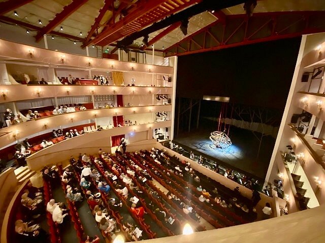 Audience in a theater watching a performance.