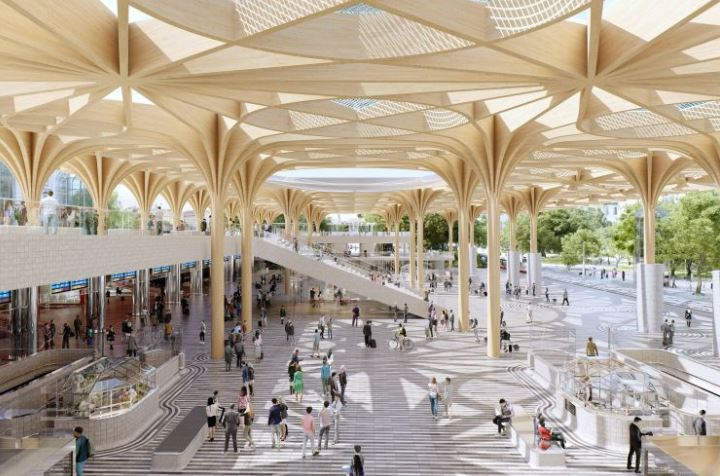 Illustration of a large, airy terminal with a unique wooden ceiling and many people walking around.