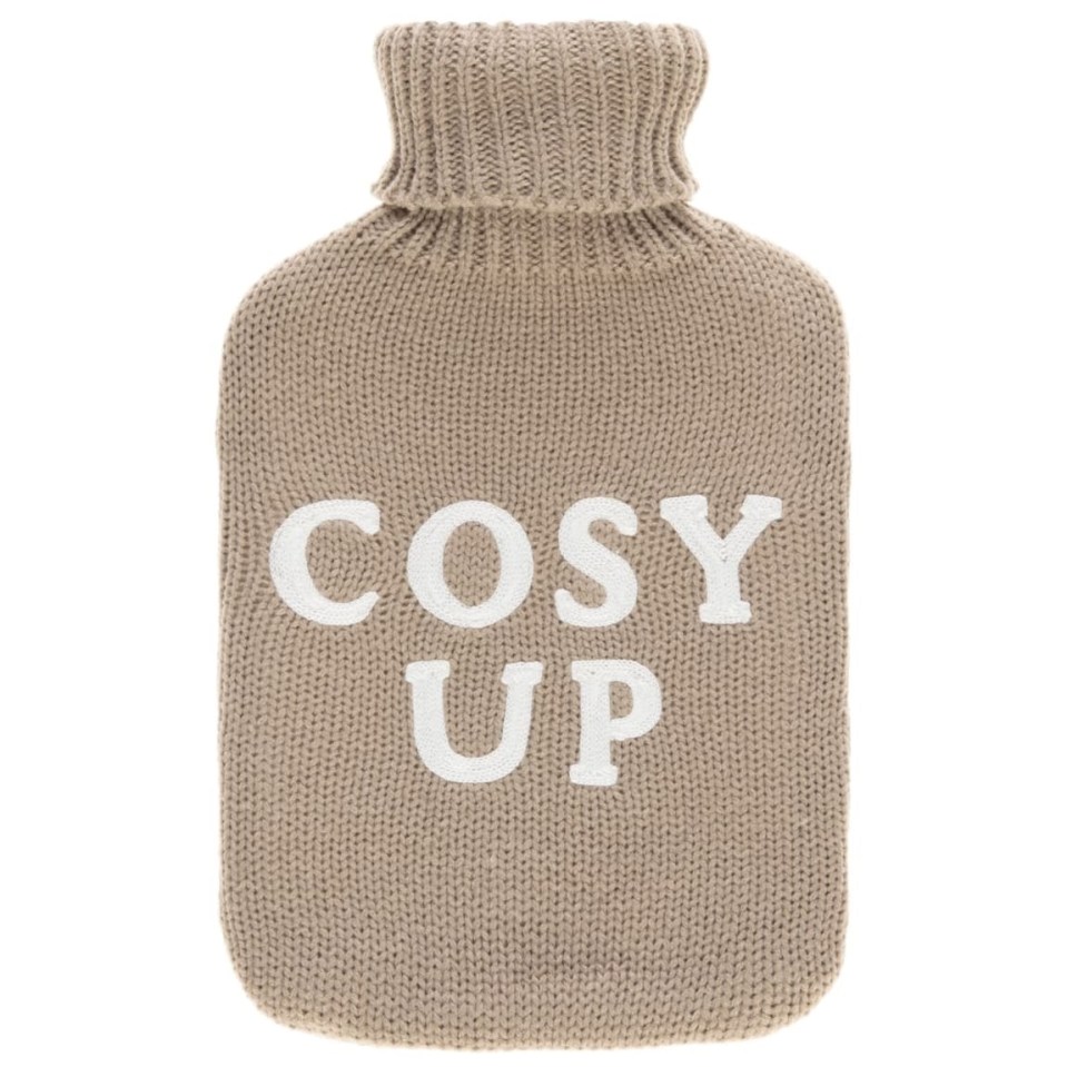 Knit hot water bottle with "Cosy Up" embroidered on it.