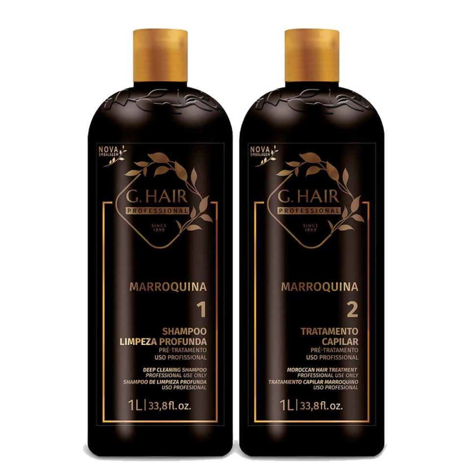 Two G.Hair Professional Marroquina hair product bottles: a deep cleaning shampoo and a Moroccan hair treatment.