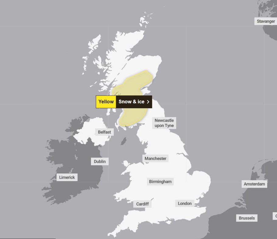 Map of UK with yellow warning area for snow and ice in Scotland.